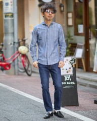 giannettoネイビーストライプ コットン カッタウェイ シャツ【VINCI FIT/ヴィンチフィット】mb_ma